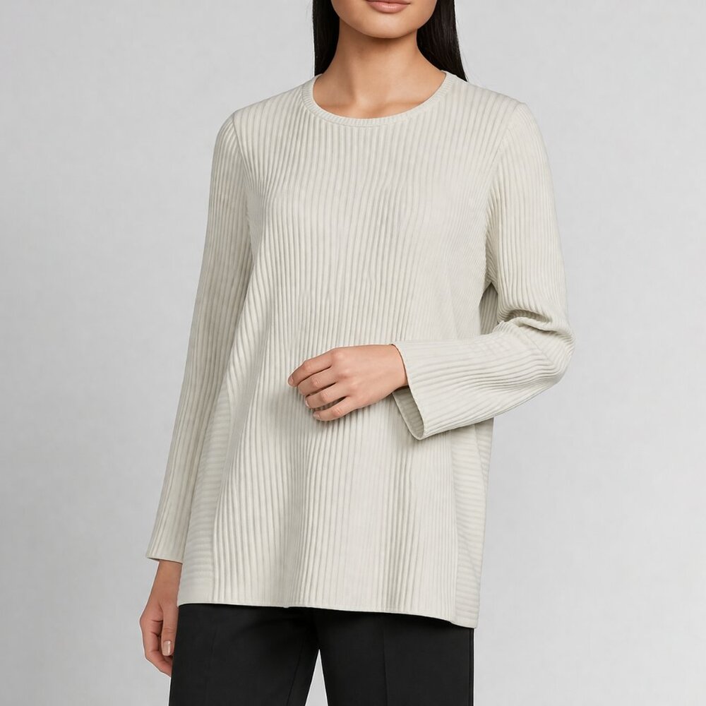 NWT Eileen Fisher Textured Stretch Rib‎ Knit Round Neck Long Sleeve Bone XXS